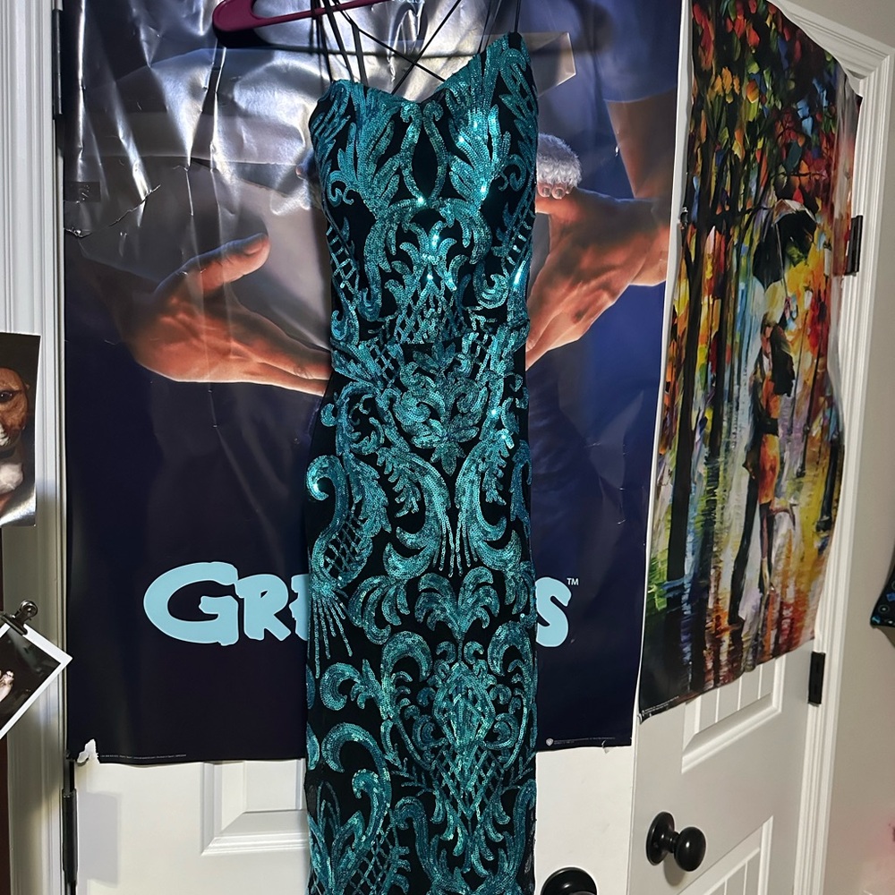 Next Up Pattern Sequin Cross Back Strap Long Dress - image 4